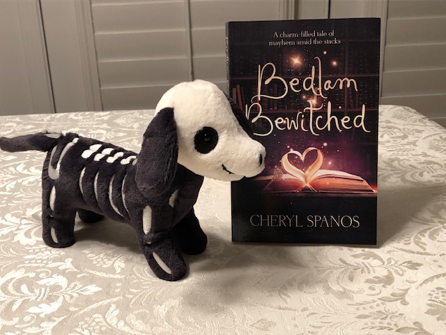 MacTeague and Bedlam Bewitched (skeleton dog and my book cover) - image for my book birthday post